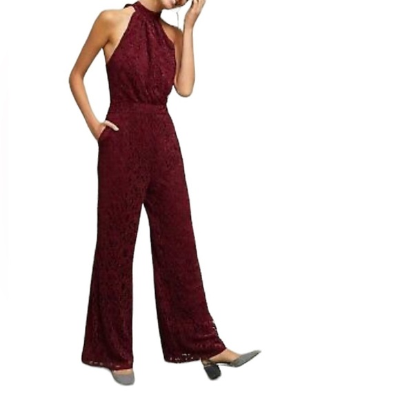 Ett Twa by Anthropologie Burgundy Lace with a Velvet Pattern Jumpsuit Size 8 - Picture 1 of 13